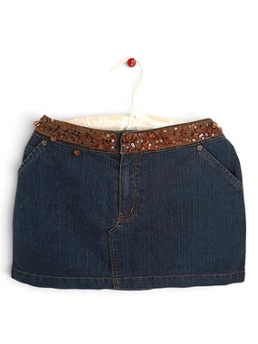 Y2K Zoey Beth dark wash denim mini skirt brown beaded waist vintage low rise med